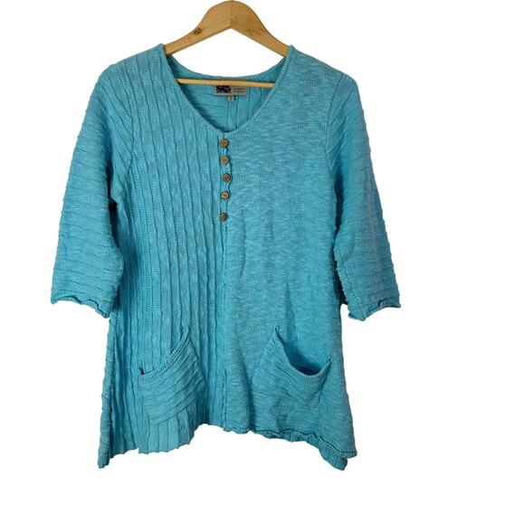 Habitat Sweater Womens Small Blue Textured Ribbed Lagenlook Pockets 100% Cotton - Picture 1 of 7